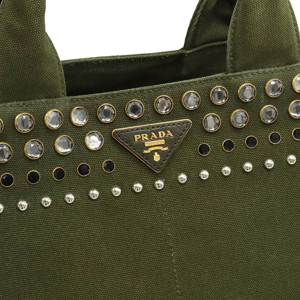 Prada Canapa Tote Bag Handbag Rhinestones Studs Canvas MILITARE Khaki Green - Picture 8 of 8